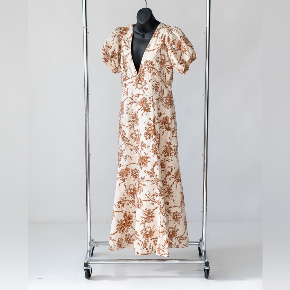 Abercrombie white print puff sleeve slim poplin midi dress, size M
